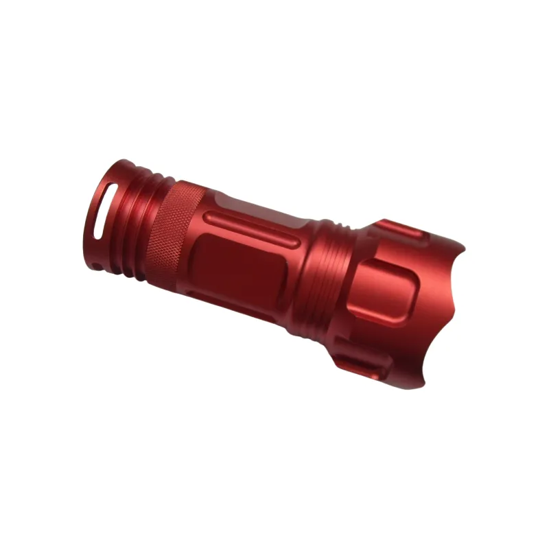 CNC machined red anodized 6061 aluminum flashlight body manufactured by ShenZhen HUAKAIYU Technology Co., Ltd., China precision plastic injection mould factory.